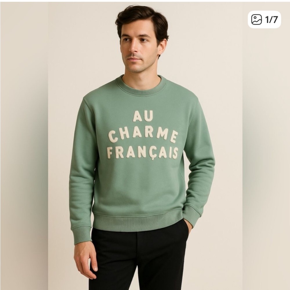 Balibaris "Au Charme Français" Graphic Sweatshirt - Olive Green Cotton Unisex